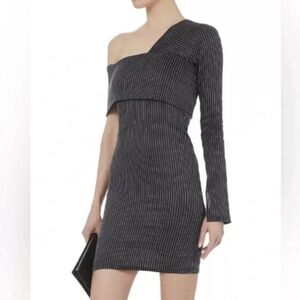 Beaufille Pinstripe One Sleeve Canopy cotton Linen Blend Stretch Mini dress 0